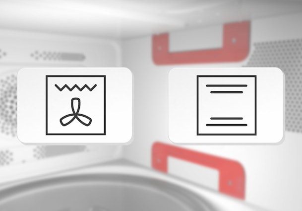 Magnetron symbolen voor circulatiegrill met ventilator en grillteken en onder bovenwarmte met horizontale strepen naast elkaar