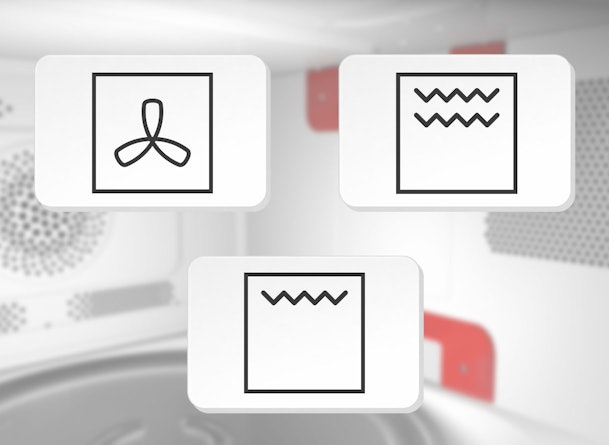 Magnetron symbolen voor hetelucht ventilator grote grill en kleine grill kronkelende lijnen bovenaan naast elkaar