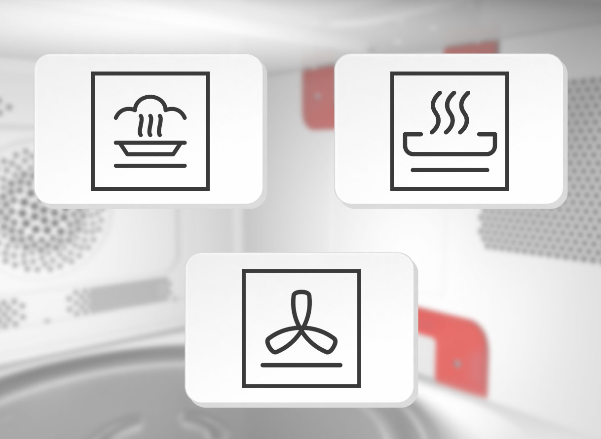 Magnetron symbolen voor stoom met stoomwolkjes crispfunctie met grill en onderwarmte en pizzastand met ventilator naast elkaar
