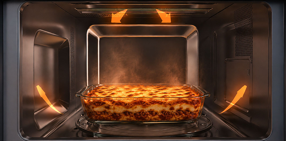 Lasagne in een glazen schaal onder het grillelement met pijlen die de warmte aangeven