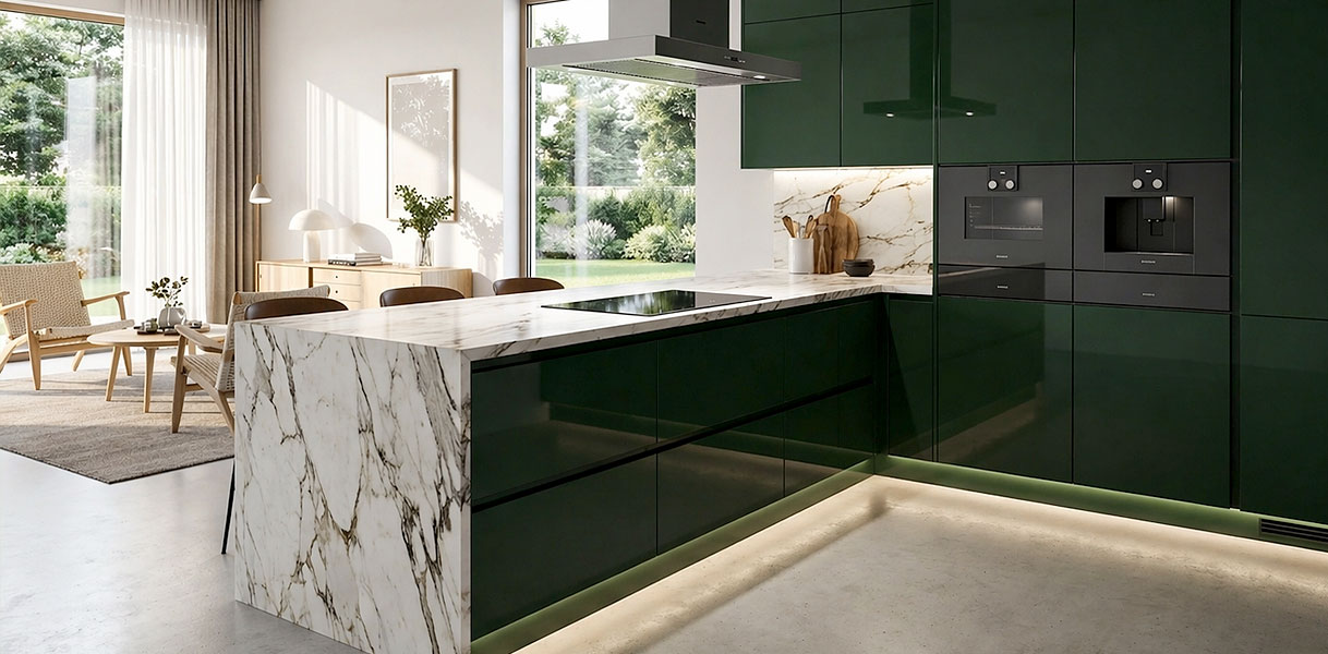 Keuken met marmer werkblad en donkergroene gelakte fronten, luxe schiereiland met waterval zijkant