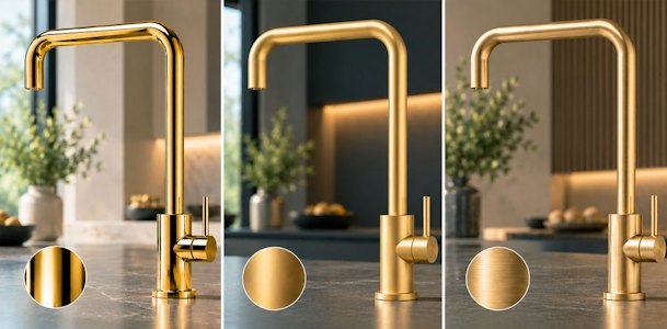 Drie gouden keukenkranen naast elkaar in glanzende, matte en geborstelde afwerking met detailcirkels per afwerking