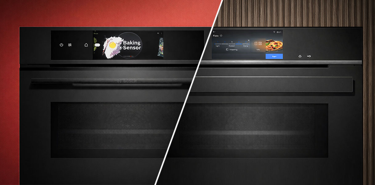 Vergelijking mat zwarte magnetron met baking sensor en glanzend zwarte magnetron met touchdisplay naast elkaar