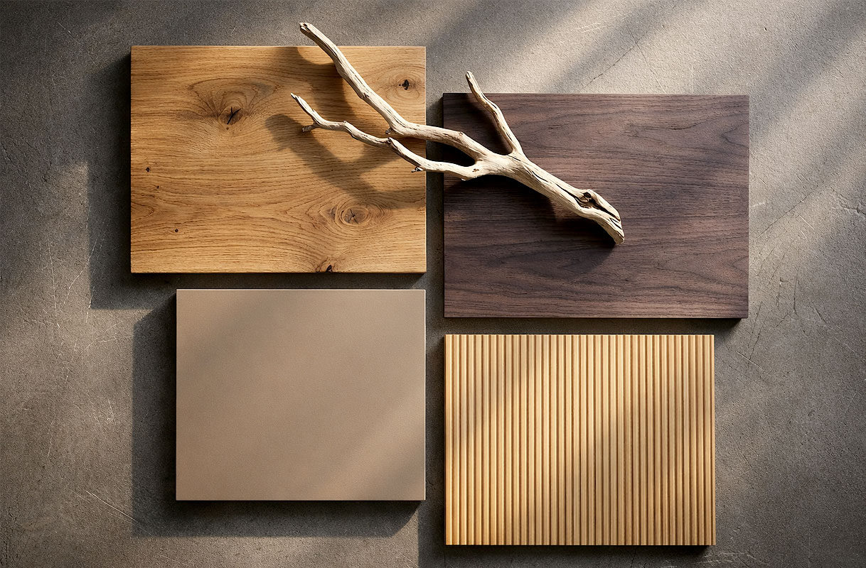 Japandi keuken materialen met hout, walnoot, bamboe en matte fronten in natuurlijke tinten