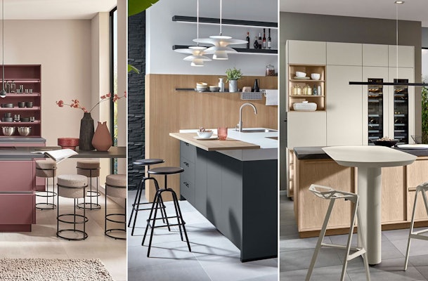 Verschillende kookeilanden met bar in diverse materialen en ontwerpen, doorlopend werkblad, contrastblad en ronde baroplossing