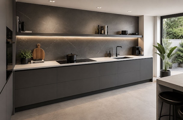 Moderne rechte keuken met donkere greeploze fronten, keramische achterwand, dun composiet werkblad en zwarte onderbouwspoelbak.