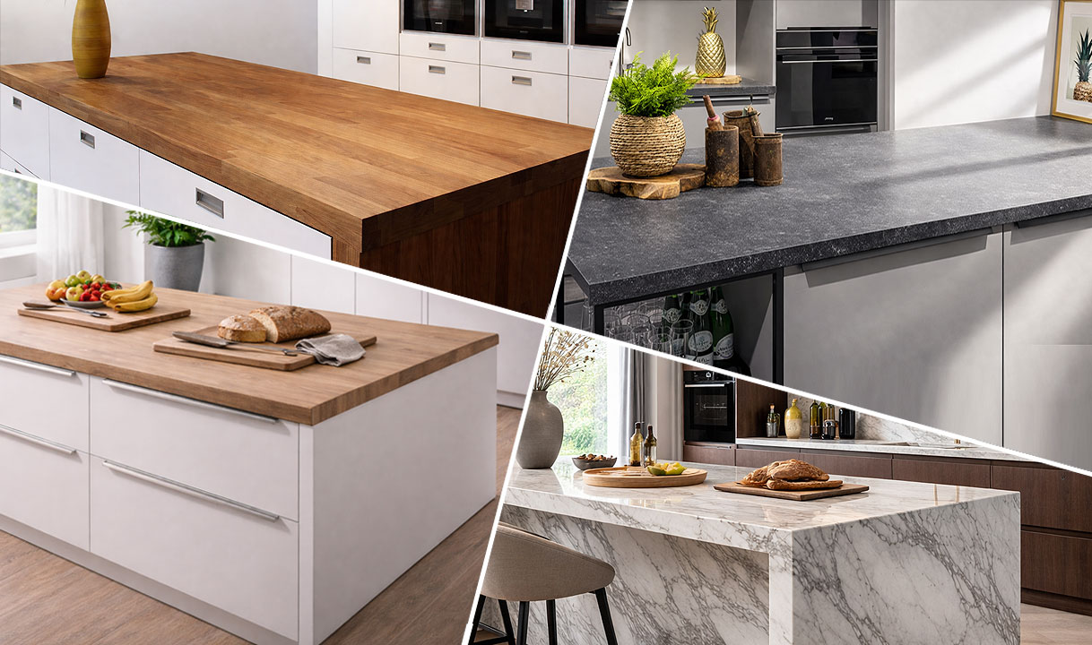 Collage van vier keukeneiland werkbladen in massief hout, composiet, natuursteen en laminaat in verschillende keukenopstellingen