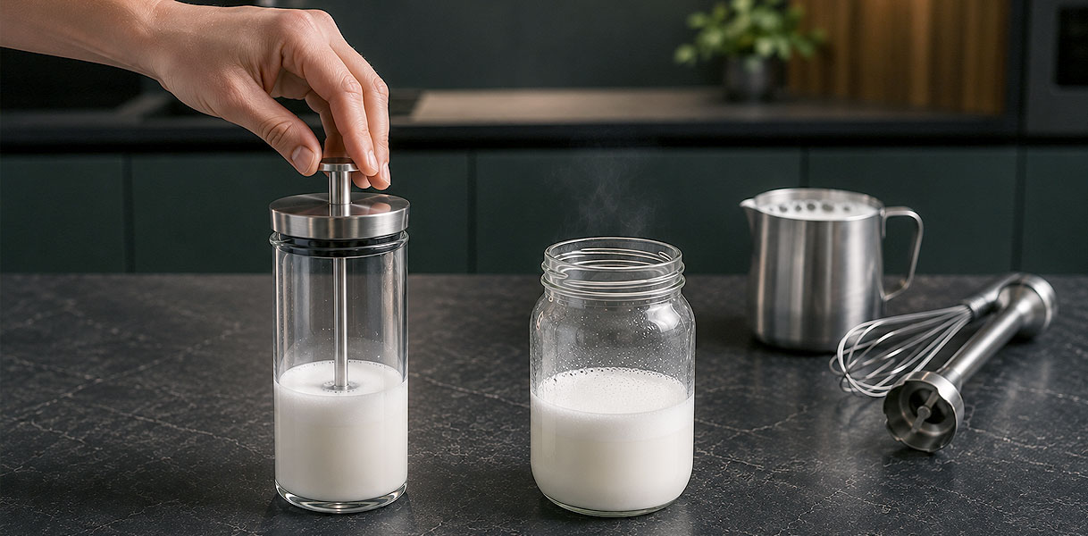 Pompkannetje afsluitbare pot garde en staafmixer voor melk opschuimen met de hand