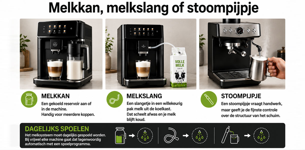 Infographic vergelijkt melkkan melkslang en stoompijpje als melksystemen op een koffiemachine