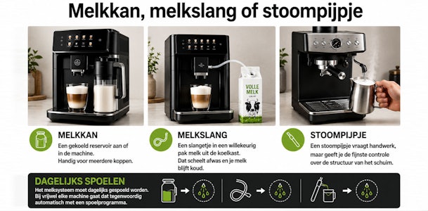 Infographic vergelijkt melkkan melkslang en stoompijpje als melksystemen op een koffiemachine