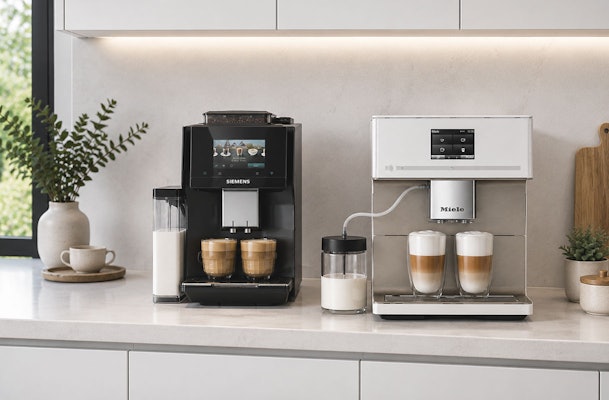 Zwarte Siemens EQ-volautomaat en witte Miele CM-volautomaat naast elkaar op het aanrecht, elk met twee verse melkkoffies