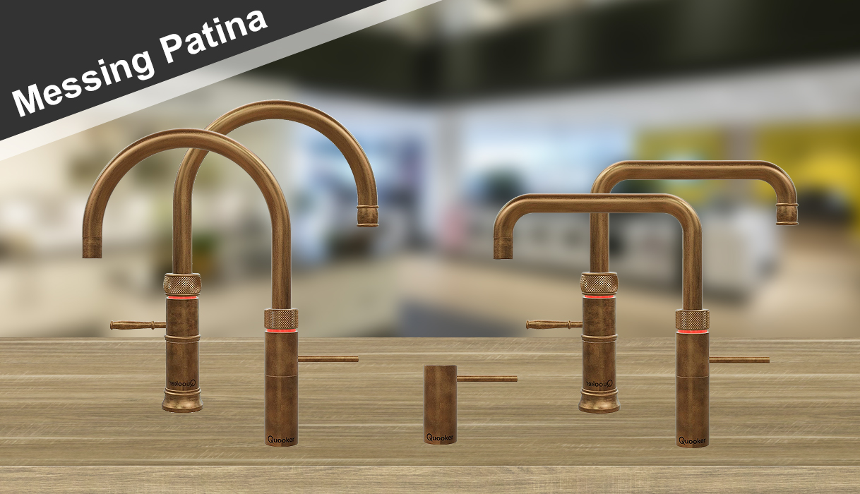 Quooker kranen in Messing Patina: Fusion Round, Fusion Square en zeeppomp op houten aanrechtblad