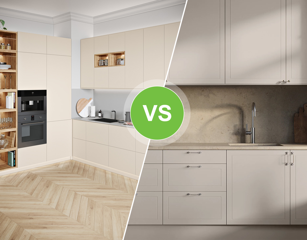 Vergelijking tussen een moderne IKEA METOD keuken en een oudere IKEA FAKTUM keuken, visueel gescheiden door een VS-markering.