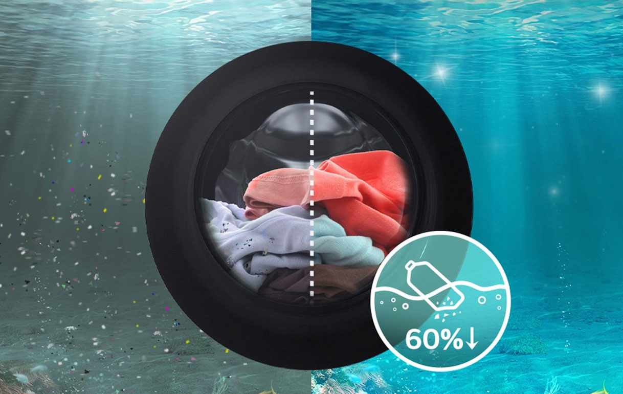 LG wasmachine trommel met kleurrijk wasgoed en icoon dat 60% minder microplastic uitstoot aangeeft