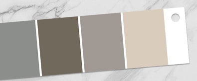 Kleurenstalen van keukenfronten in middentinten zoals grijs, taupe, greige en zand.