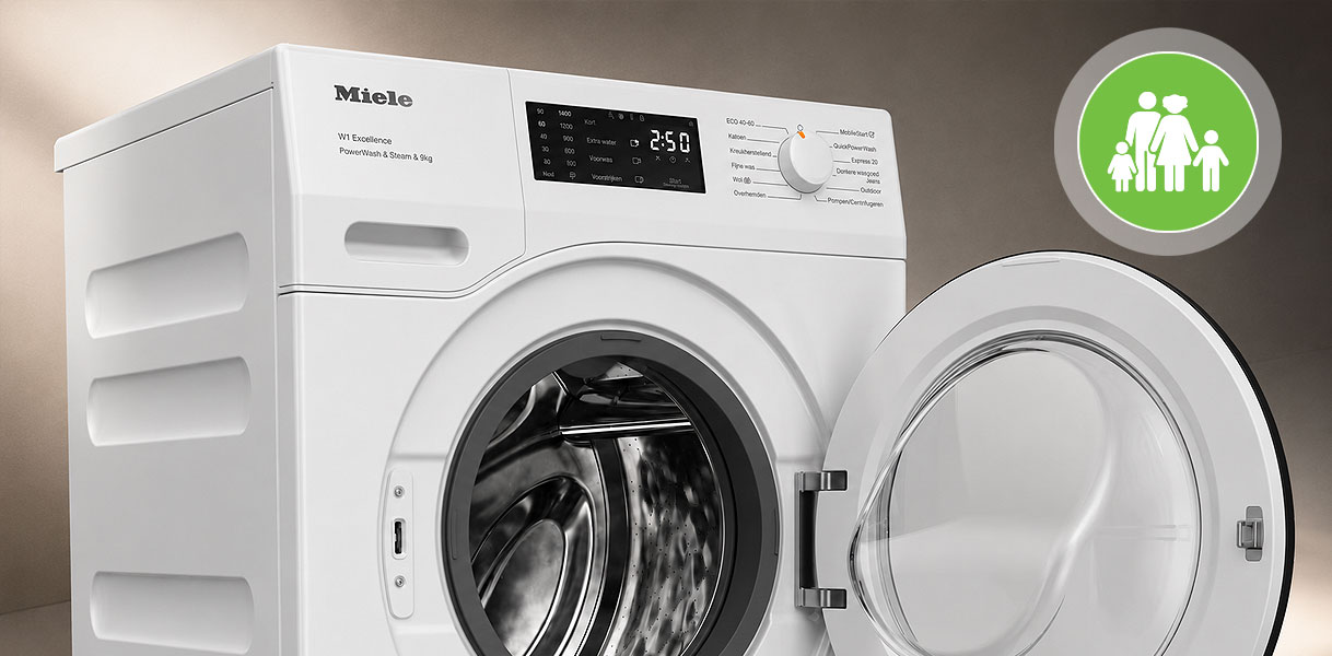 Miele wasmachine van 10 kg met 1400 toeren en geopende deur voor een groot huishouden