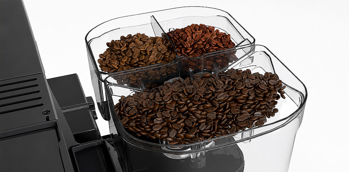 CoffeeSelect bonenreservoir van een Miele koffiemachine met drie vakken voor verschillende soorten bonen