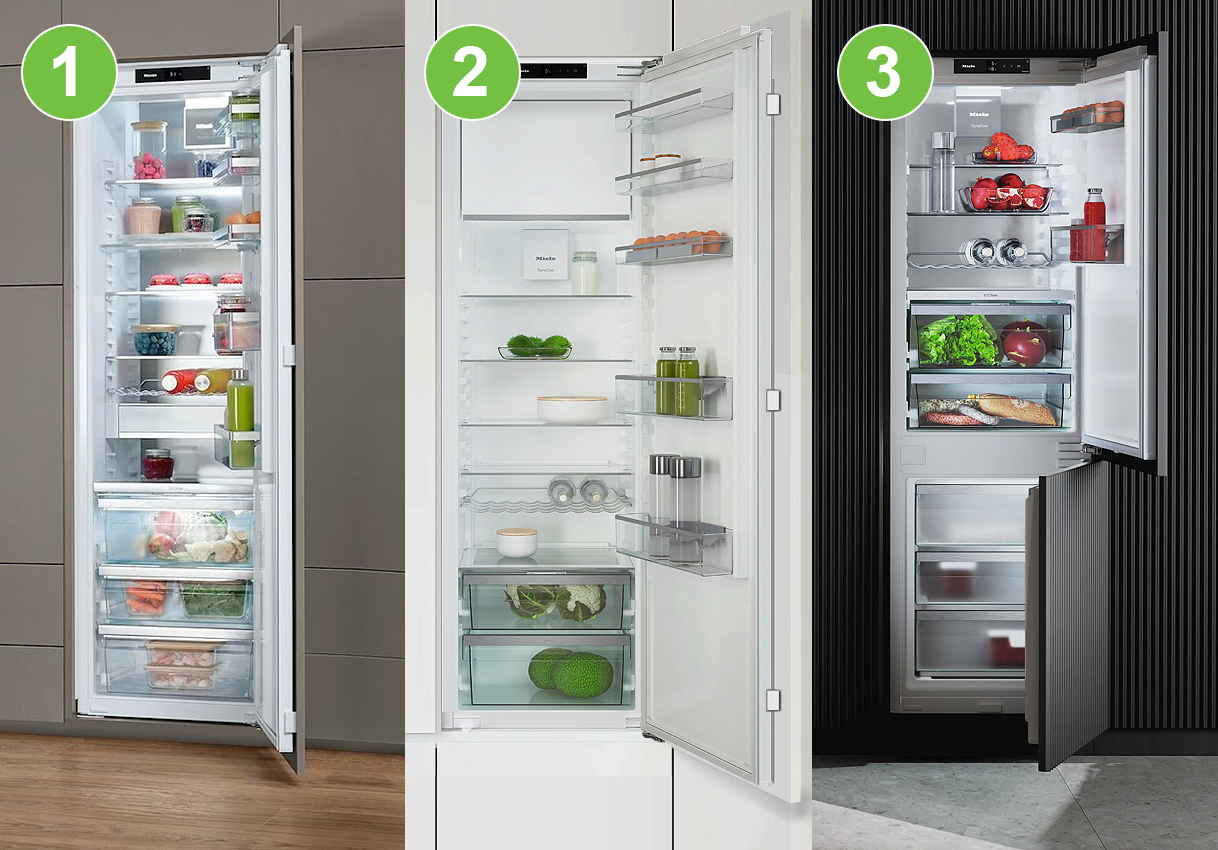 Drie typen Miele inbouw koelkasten: zonder vriesvak, met vriesvak en koel-vriescombinatie