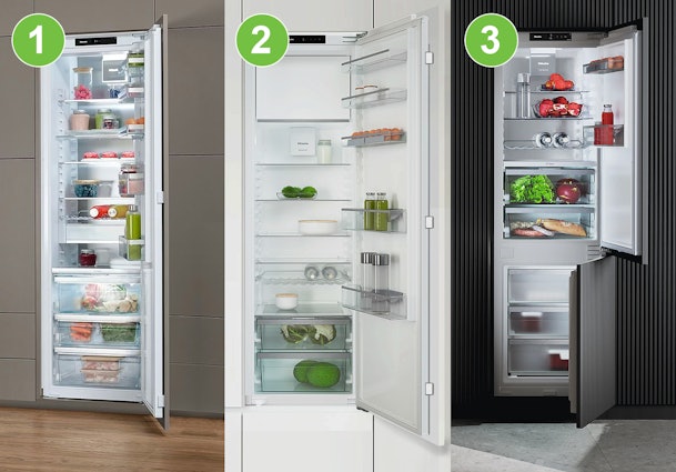 Drie typen Miele inbouw koelkasten: zonder vriesvak, met vriesvak en koel-vriescombinatie