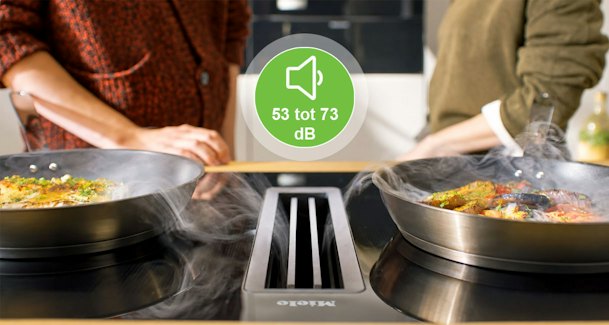 Twee wokpannen op kookplaat met afzuiging en aanduiding van 53 tot 73 dB