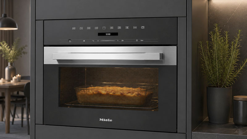 Miele M 7244 TC inbouwmagnetron met Quartz grill en ovenschotel in een moderne antracietkleurige keuken.