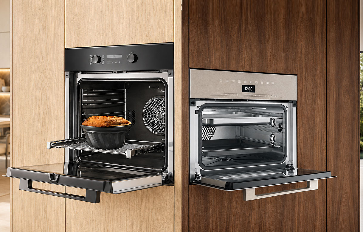 Geopende Miele oven van 60 cm naast een compact model van 45 cm met klepdeur