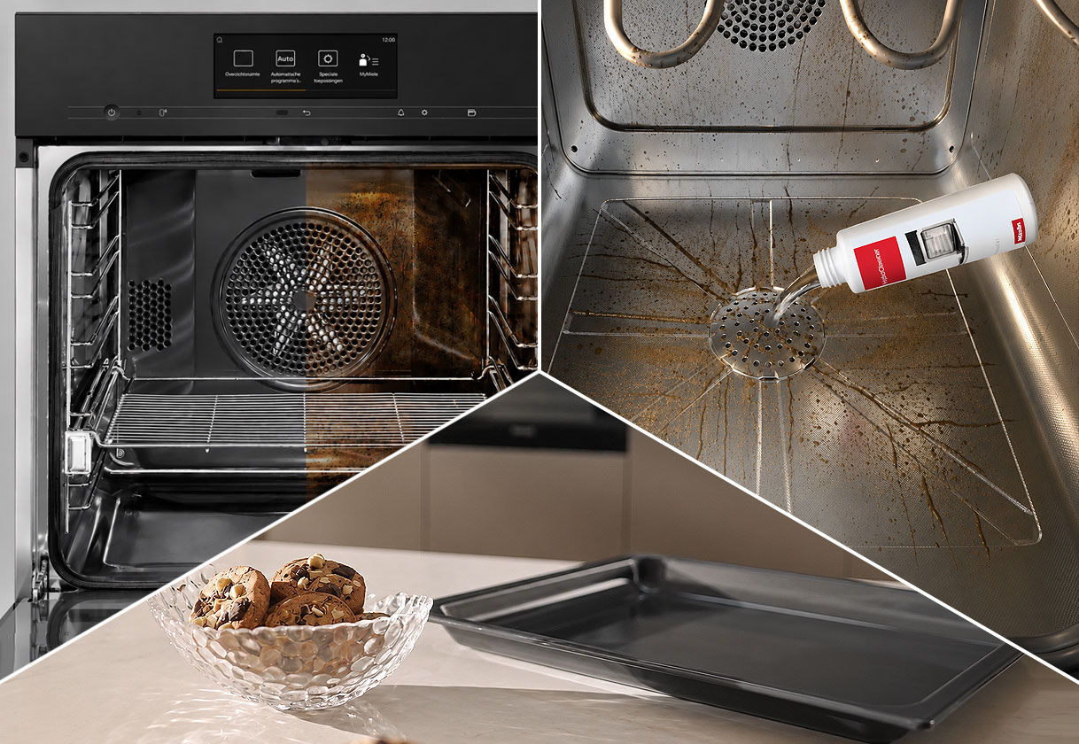Drieluik met pyrolyse, hydrolyse en PerfectClean als reinigingsmethodes van de Miele oven