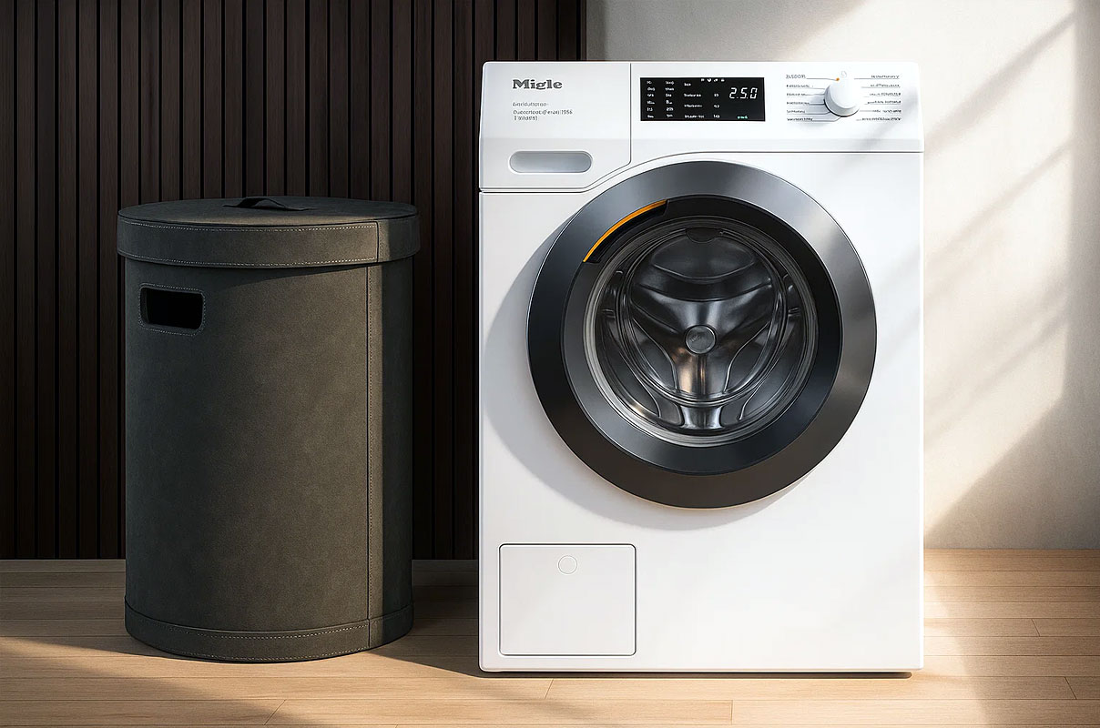 Miele wasmachine 8kg vulgewicht naast wasmand, ideaal voor stellen en kleine gezinnen