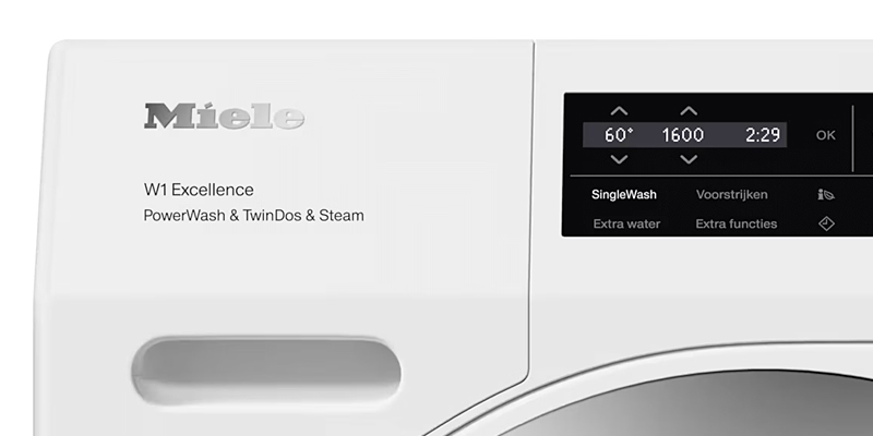 Voorzijde van Miele wasmachine met bedieningspaneel en digitaal display