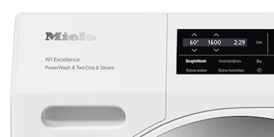 Voorzijde van Miele wasmachine met bedieningspaneel en digitaal display