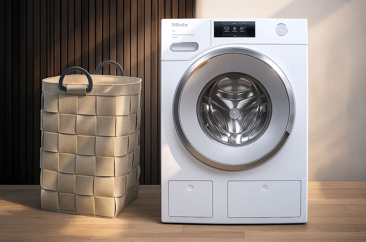 Miele wasmachine 1600 toeren naast wasmand, droogt was sneller en energiezuiniger