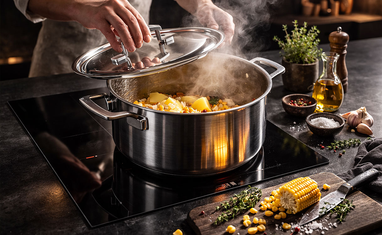 Hoge soeppan op een kookplaat met geïntegreerde afzuiging die de luchtstroom kan blokkeren bij hogere pannen