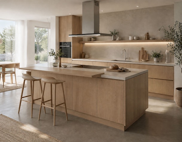 Minimalistische Scandinavische keuken met licht houten kookeiland, barblad en greeploze fronten