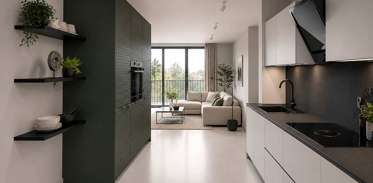 Moderne keuken met donkere groene kastenwand, lichte fronten en subtiele kleuraccenten in open woonruimte