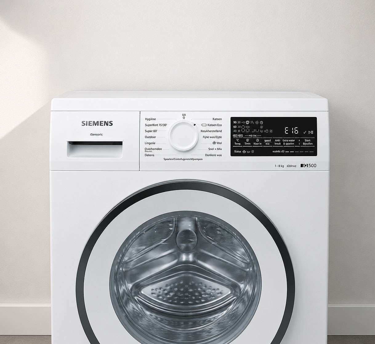 Siemens iSensoric wasmachine met foutcode E16 op het display van het bedieningspaneel