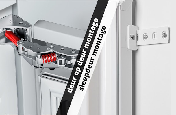 Vergelijking van deur-op-deur en sleepdeur montage bij inbouwapparatuur, met scharnierconstructie en glijstrip naast elkaar
