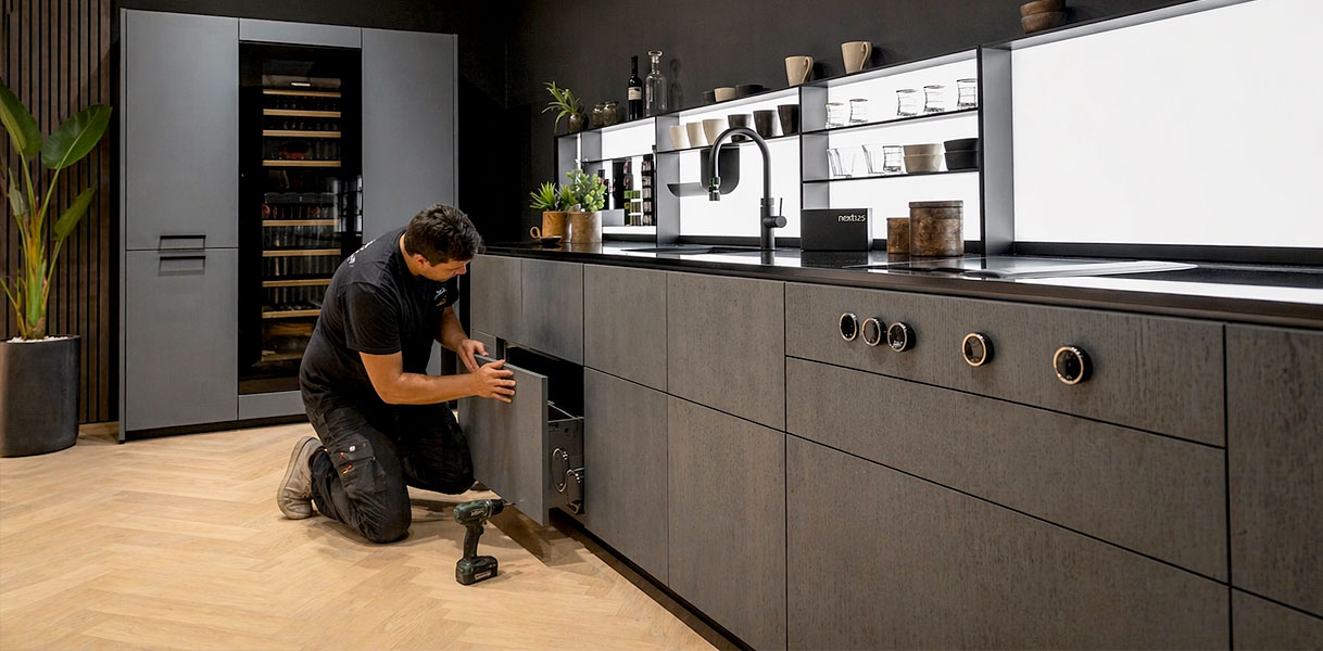 Monteur installeert lade in rechte keuken met houten fronten, wijnklimaatkast en accessoires