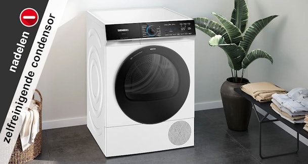 Siemens warmtepompdroger met verbodsbord als illustratie bij de nadelen van een zelfreinigende condensor