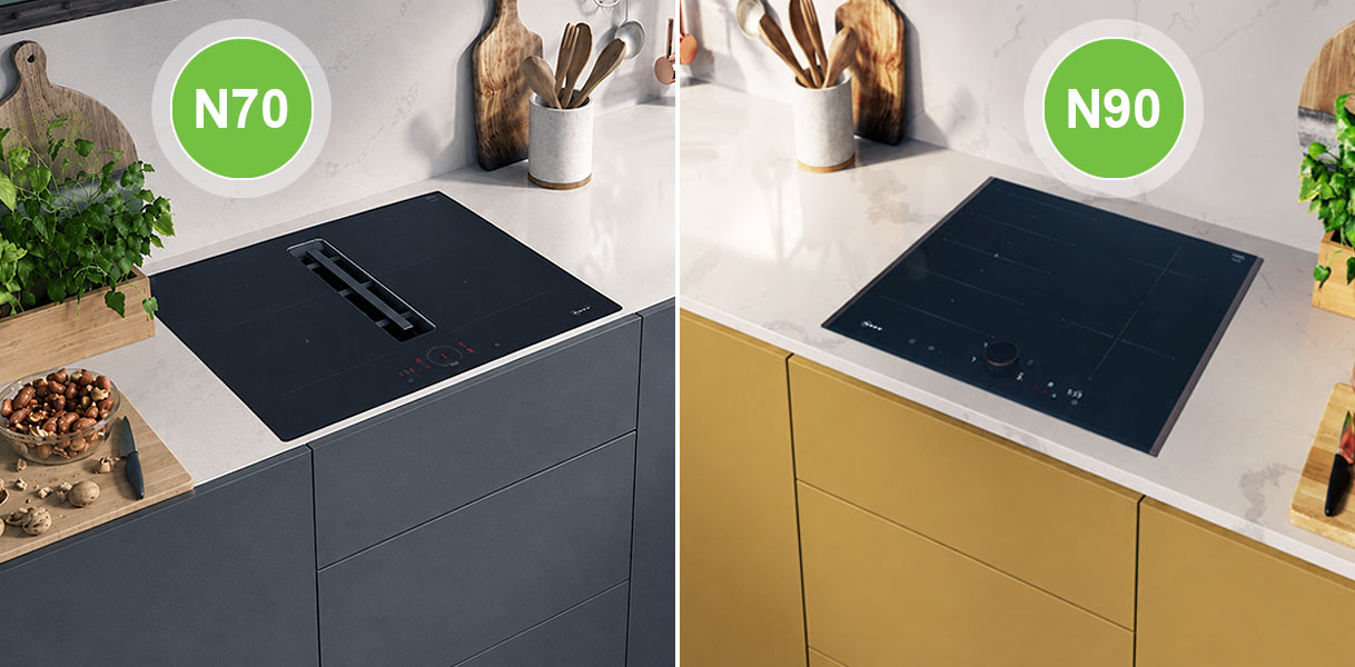 NEFF inductiekookplaat uit de N 70 serie naast een model uit de N 90 serie