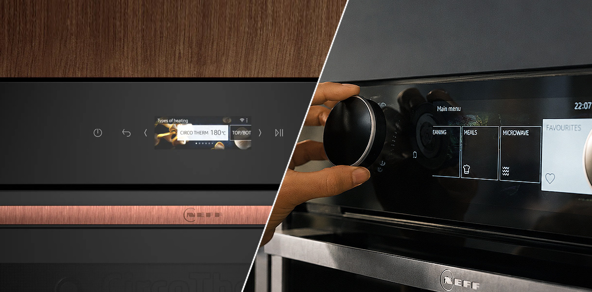 Bediening van de NEFF oven via het touchdisplay of met de magnetische Twist Pad Flex draaiknop