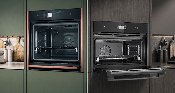 NEFF stoomoven van 60 cm naast een compact model van 45 cm met klapdeur