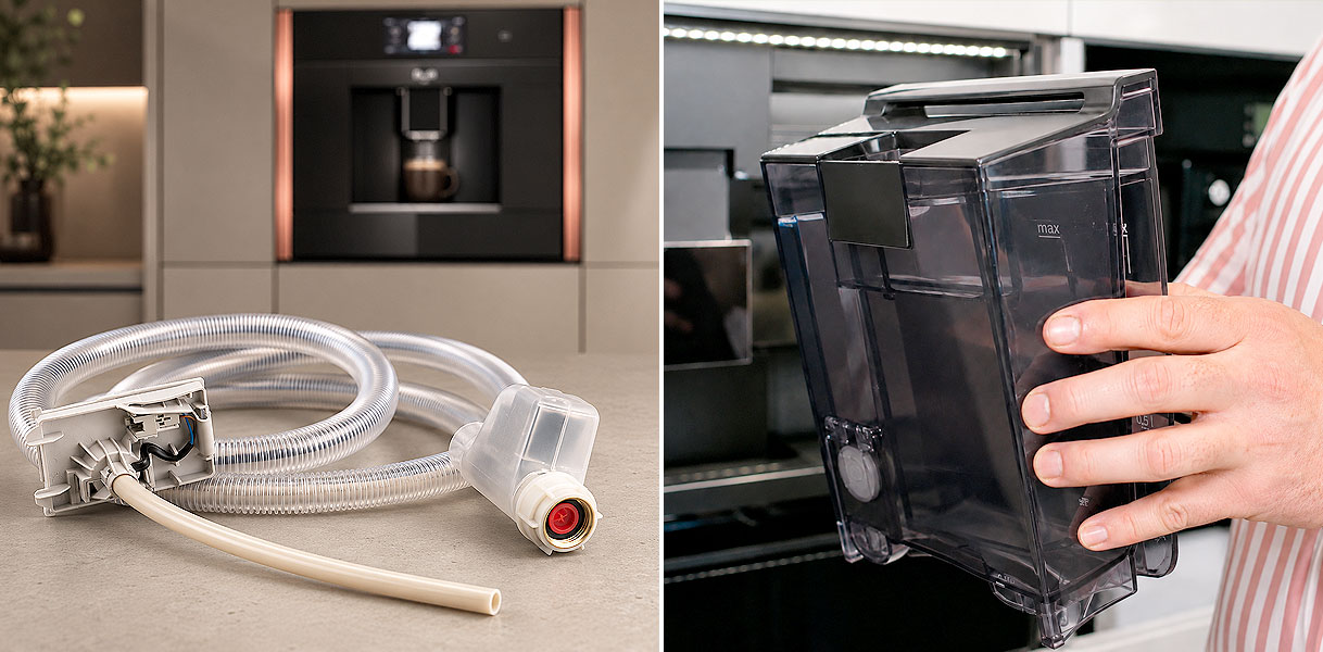 Toevoerslang met aquaStop naast het uitneembare waterreservoir van een NEFF koffiemachine