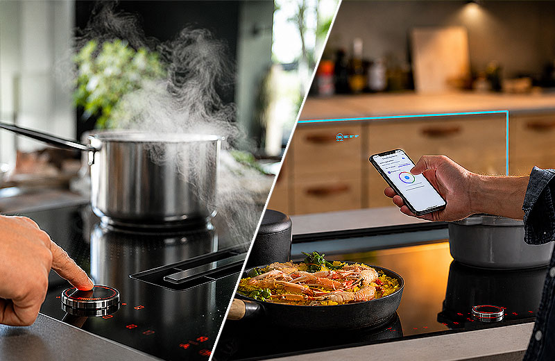 Neff werkbladafzuiging naast een kookplaat met stomende pan en bediening via de smartphone-app