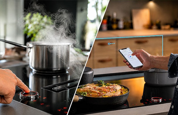 Neff werkbladafzuiging naast een kookplaat met stomende pan en bediening via de smartphone-app