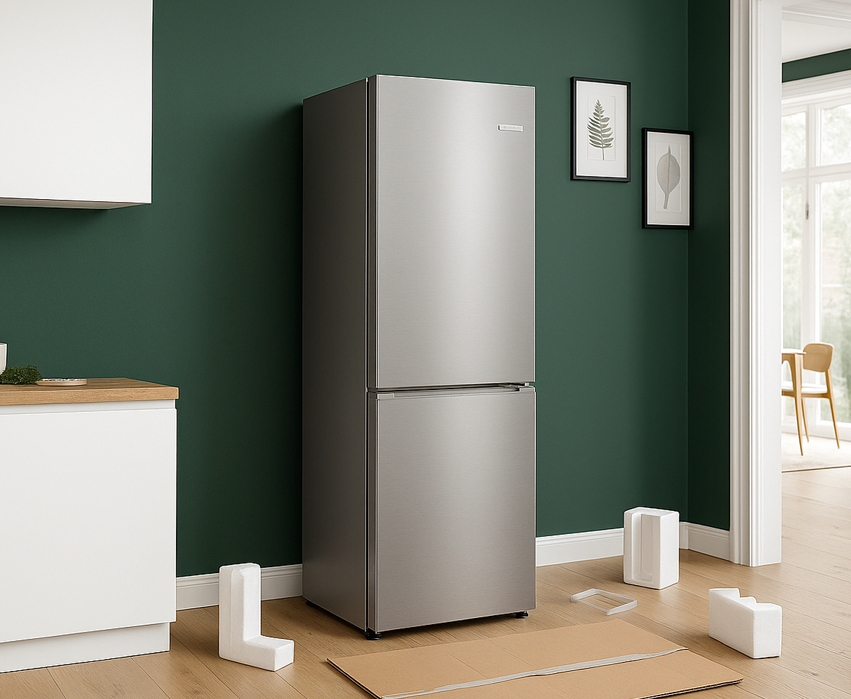 Nieuwe koelkast staat net uitgepakt in keuken met verpakkingsmateriaal eromheen