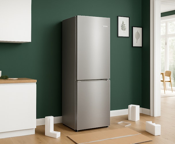 Nieuwe koelkast staat net uitgepakt in keuken met verpakkingsmateriaal eromheen