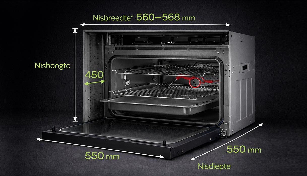 Maatdiagram inbouw magnetron met nisbreedte 560 tot 568 mm nishoogte 450 mm en nisdiepte 550 mm