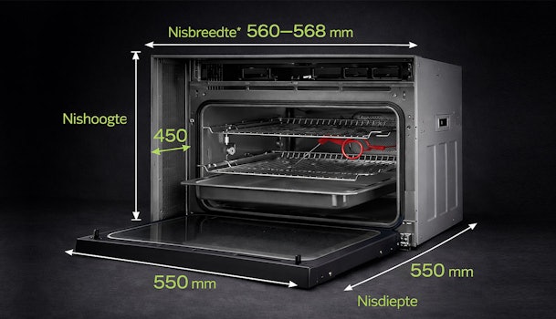 Maatdiagram inbouw magnetron met nisbreedte 560 tot 568 mm nishoogte 450 mm en nisdiepte 550 mm
