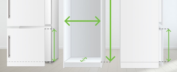 Illustratie van het meten van de nishoogte en nisbreedte voor een inbouwkoelkast