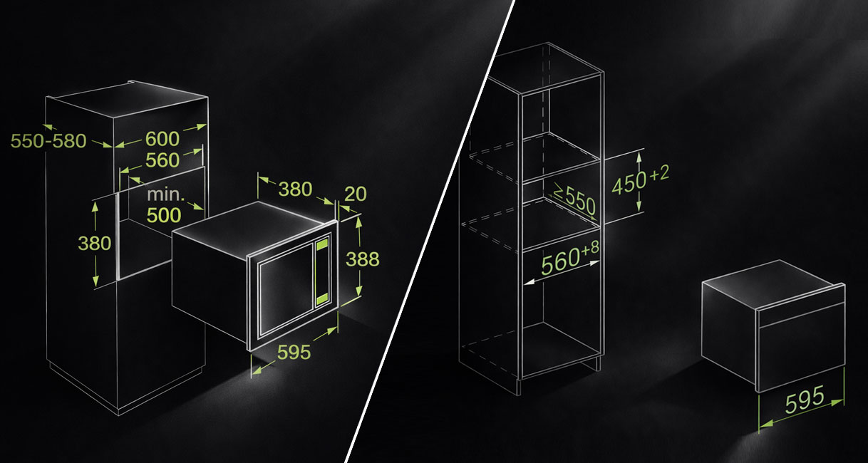 Technische maattekening nismaten inbouw magnetron 38 cm voor solo en 45 cm voor combimagnetron vergeleken